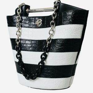 Balenciaga Black and White Maxi Crocodile Leather Bucket Bag